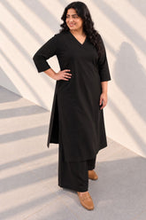 Plus Size SoftEase V Neck Black Cotton Kurta Coord Set