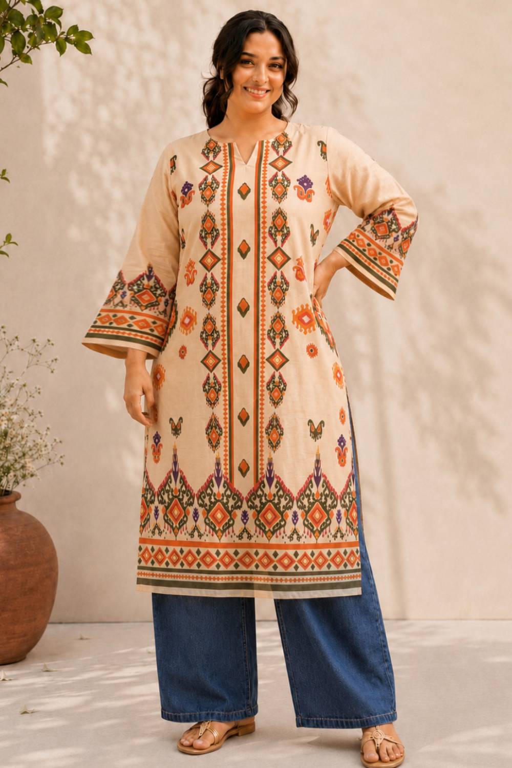 Plus Size Beige Ethnic Border Print cotton Kurta