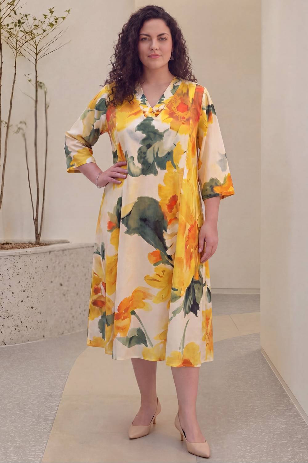 Plus Size Sunflower Grace Plus Size Yellow Midi Dress