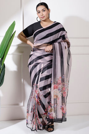 Plus Size Black Striped Floral Readymade Organza Saree
