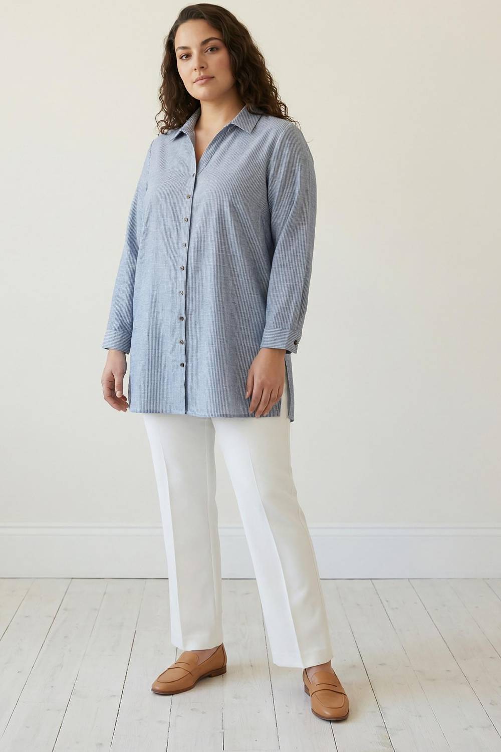 Buy Plus Size Blue Chambray Pinstripe High Slit Longline Shirt