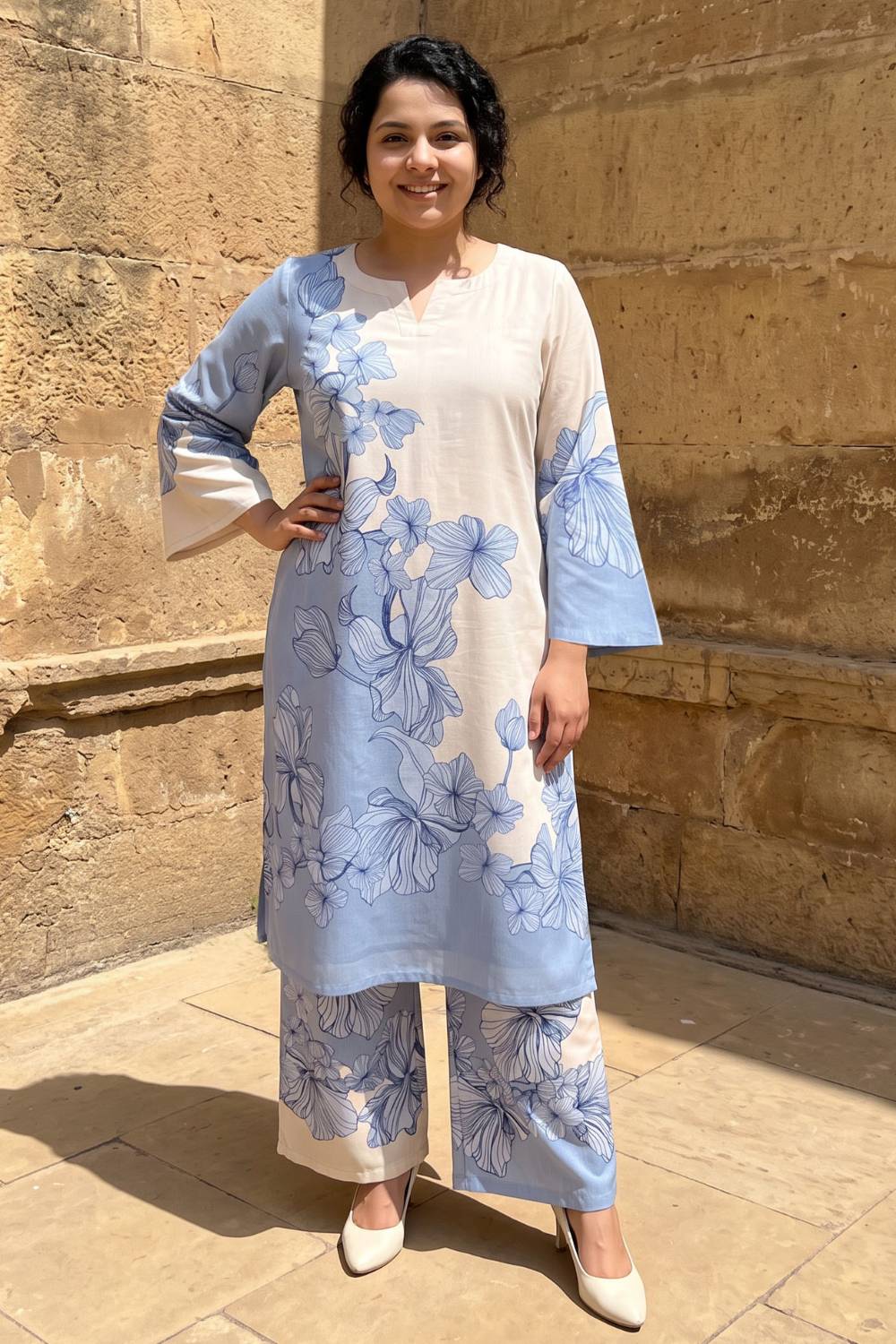 Plus Size Plus Size Blue Floral Print Cotton Kurta Coord Set