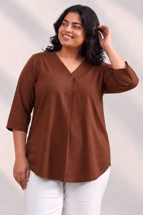 Plus Size SoftEase V Neck Brown Cotton Top