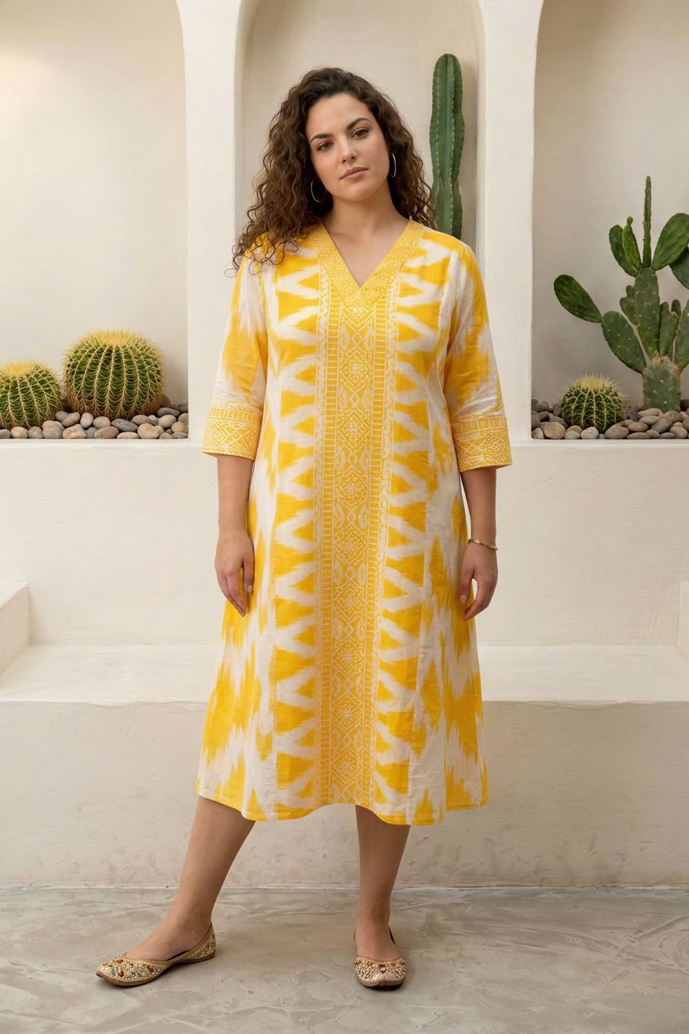 Plus Size Yellow Ikat Print Cotton Midi Dress