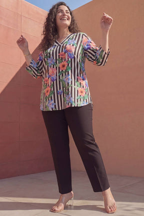 Plus Size Black Floral Stripes Top