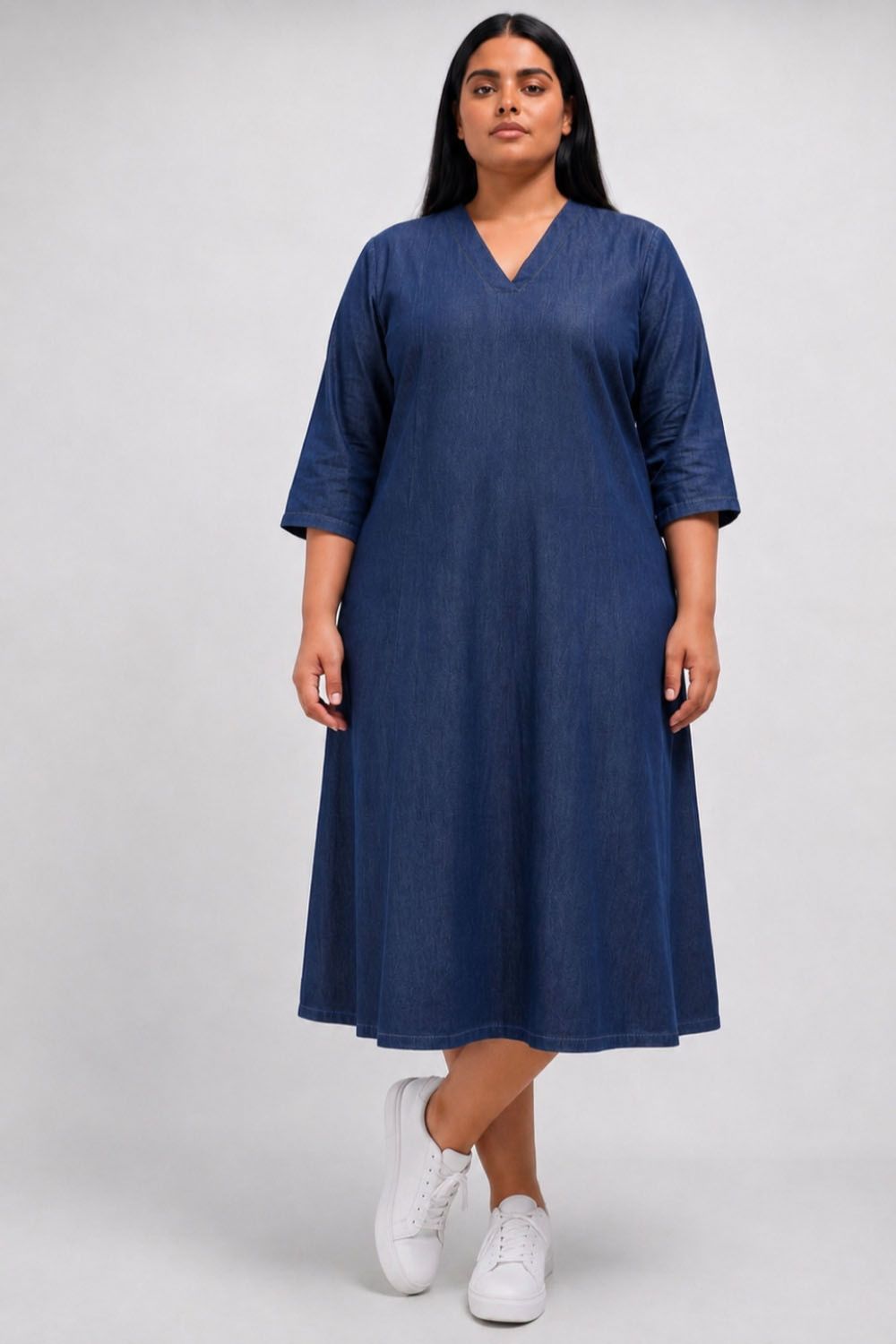 Plus Size Plus Size Indigo Blue Denim Cotton A-Line Dress