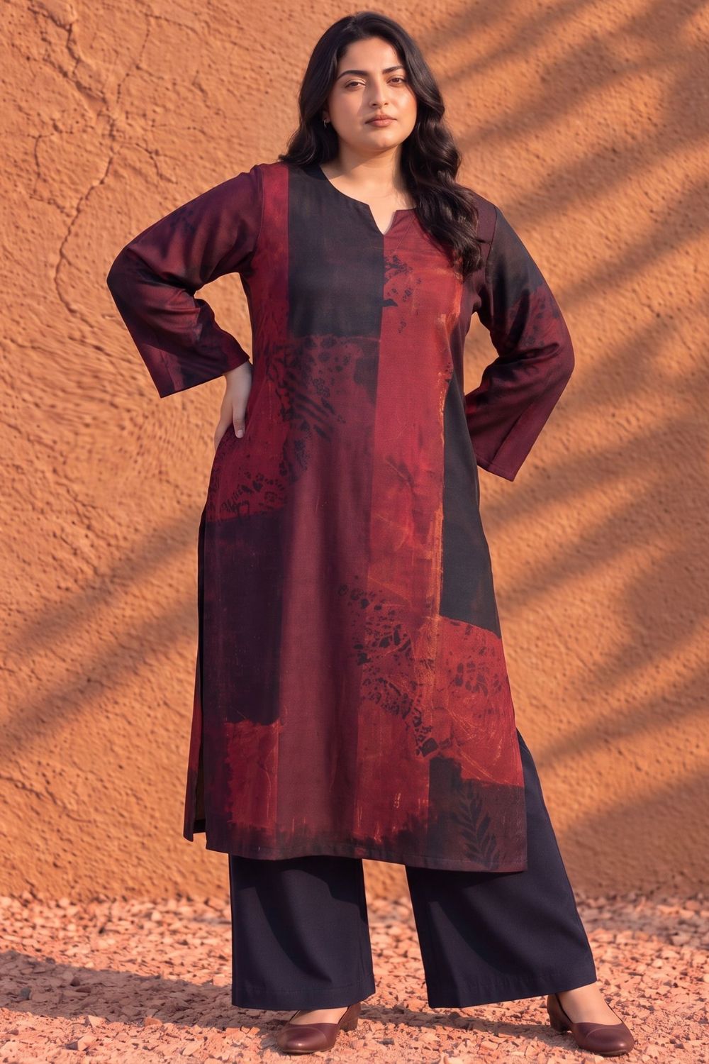 Plus Size Red and Black Abstract Textured Print SnugWeave™  Kurta