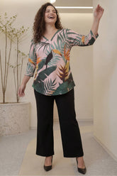 Plus Size Pink Tropical Print Centre Pleat Top