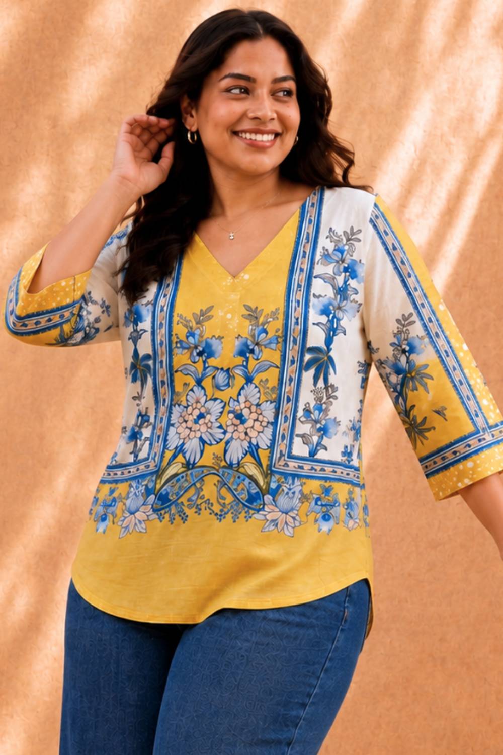 Buy Plus Size Yellow Floral Print Top