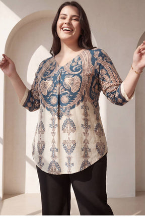 Plus Size Cream Luxe Ethnic Print Centre Pleat Top