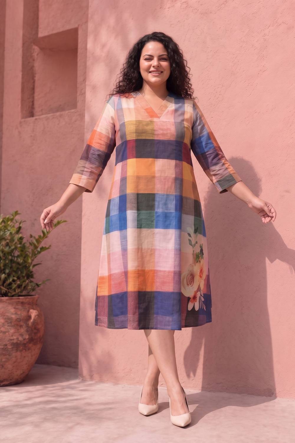 Comfortable Plus Size Floral Check Printed A-Line Midi Dress