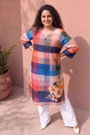 Plus Size Floral Check Printed Cotton Kurta