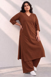 Plus Size SoftEase V Neck Brown Cotton Kurta Coord Set