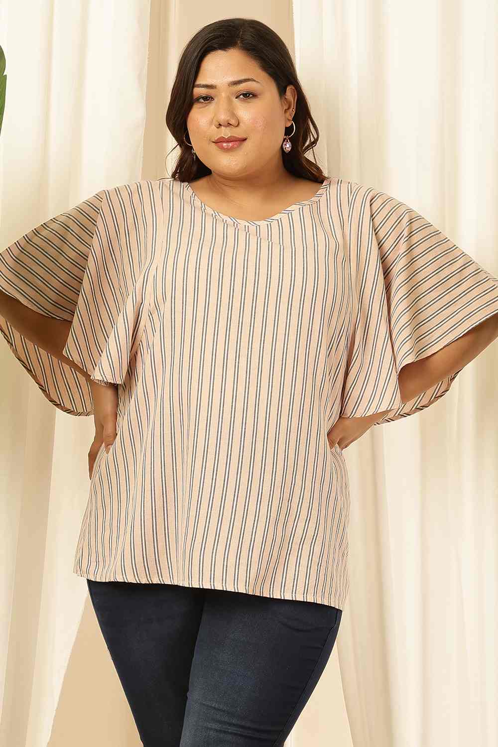 Plus Size Plus Size Baby Pink Striped Cotton Flare Top