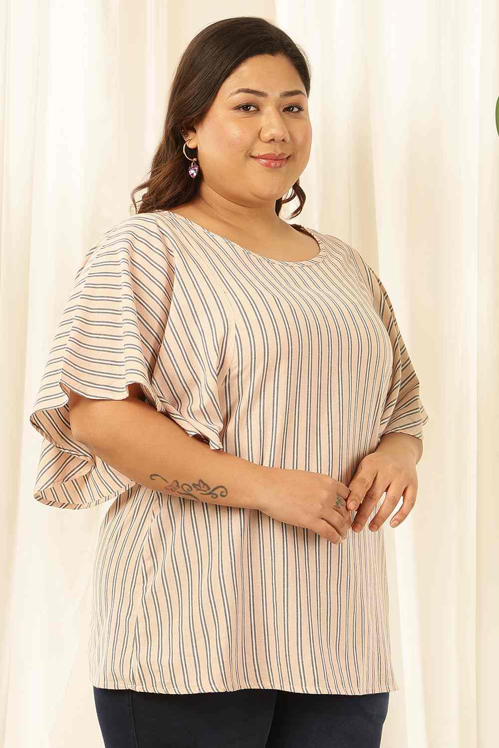 Comfortable Plus Size Baby Pink Striped Cotton Flare Top
