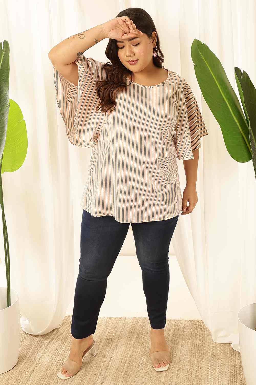 Plus Size Baby Pink Striped Cotton Flare Top