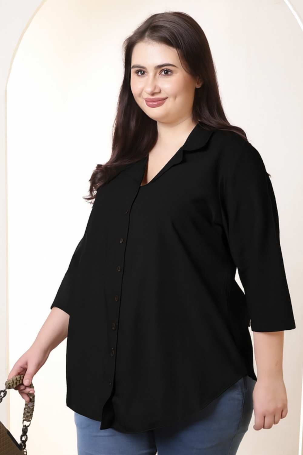 Plus Size Black Cotton Linen Cuban Collar Shirt