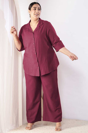 Plus Size Wine Cotton Linen Shirt Coord Set
