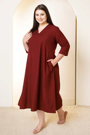 Plus Size Maroon Cotton Linen Midi Dress