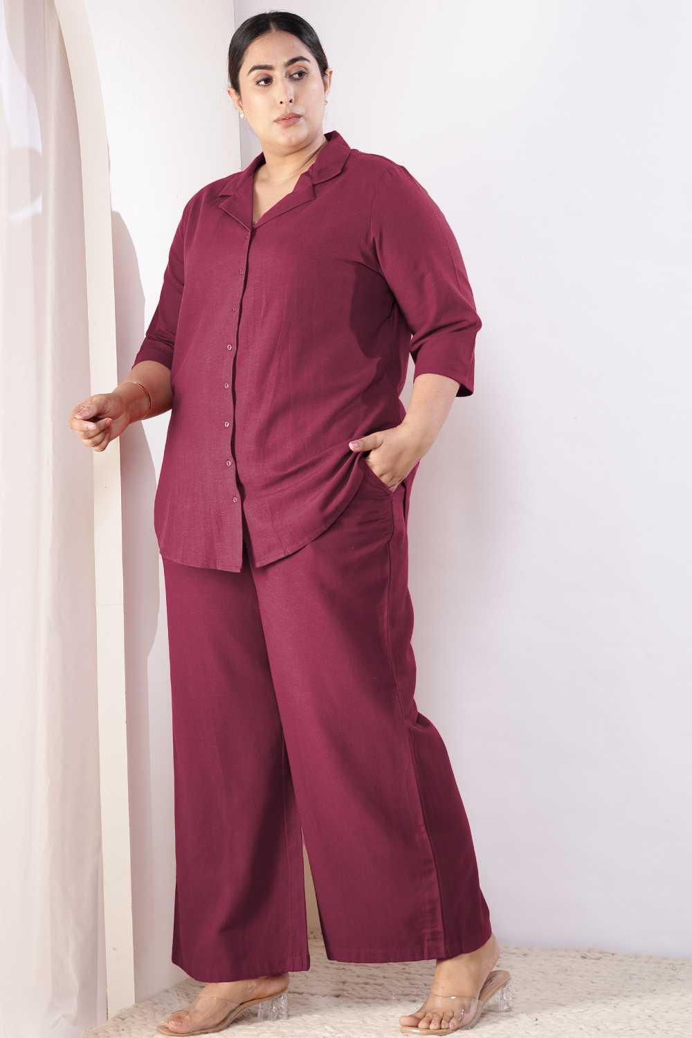 Plus Size Wine Cotton Linen Shirt Coord Set for Women