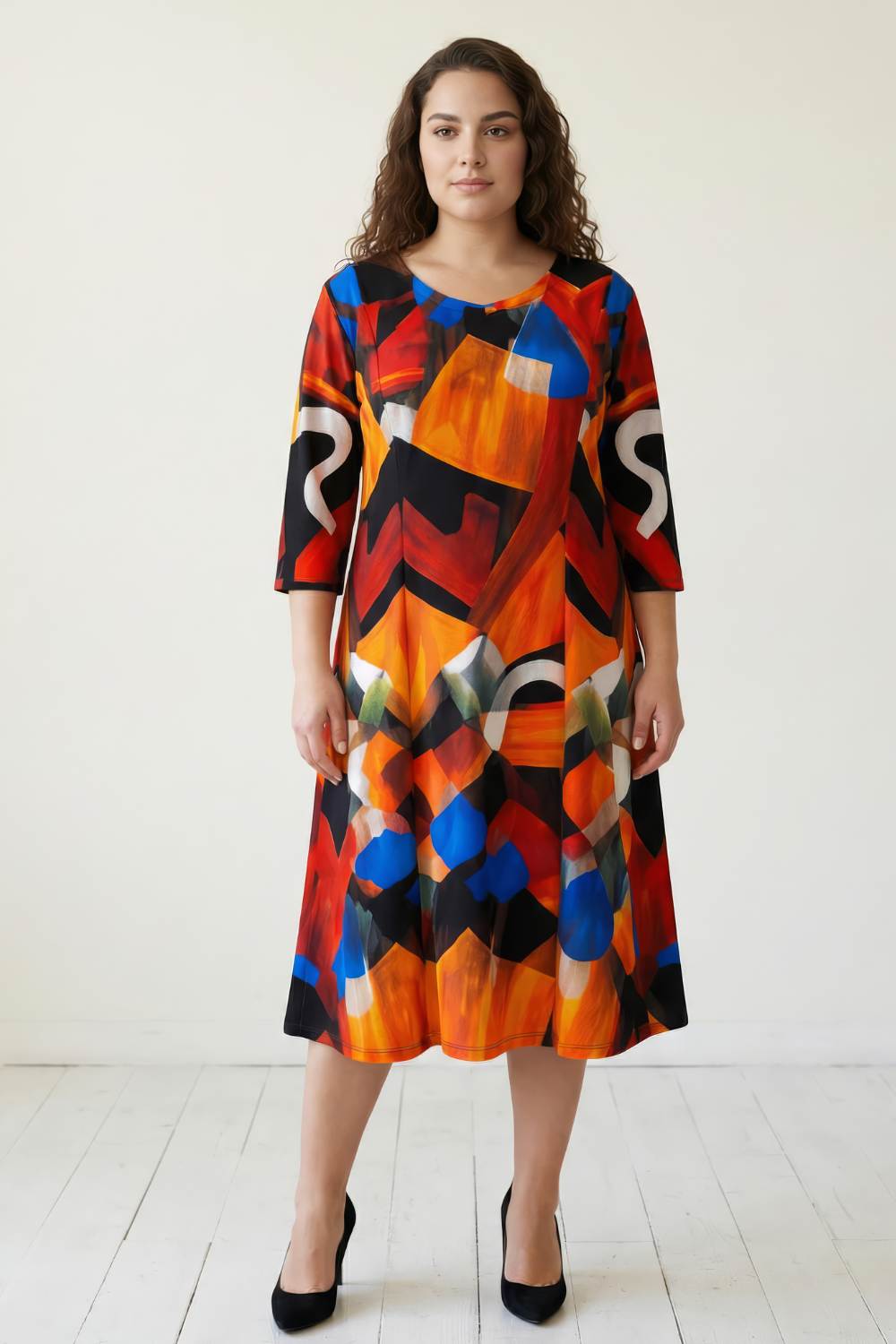 Plus Size Brushstroke Print A line Dress