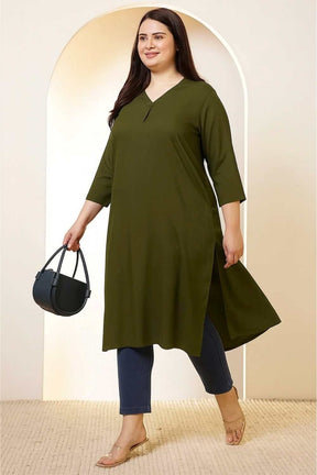 Plus Size Olive Green V-Neck Cotton Linen V Neck Kurta