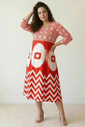 Plus Size Red & White Geometric Print A line Dress