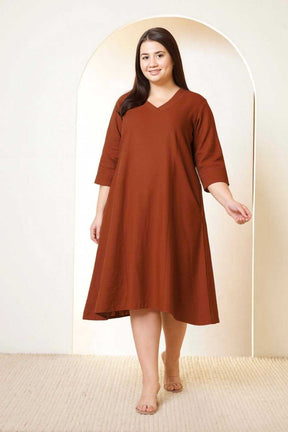 Plus Size Rust Brown Cotton Linen Midi Dress