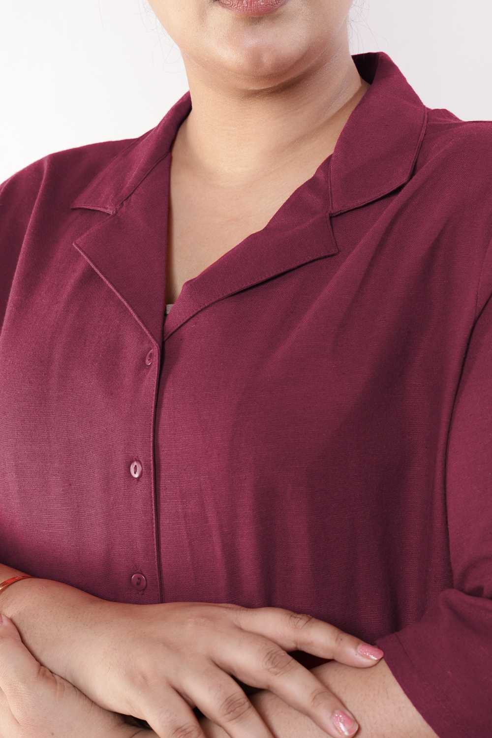 Comfortable Plus Size Wine Cotton Linen Shirt Coord Set