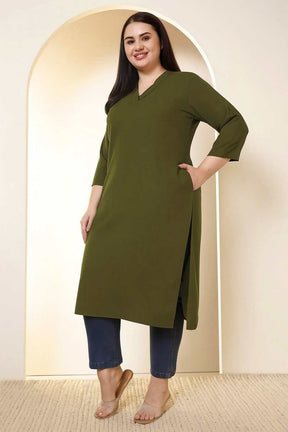 Plus Size Olive Green V-Neck Cotton Linen V Neck Kurta