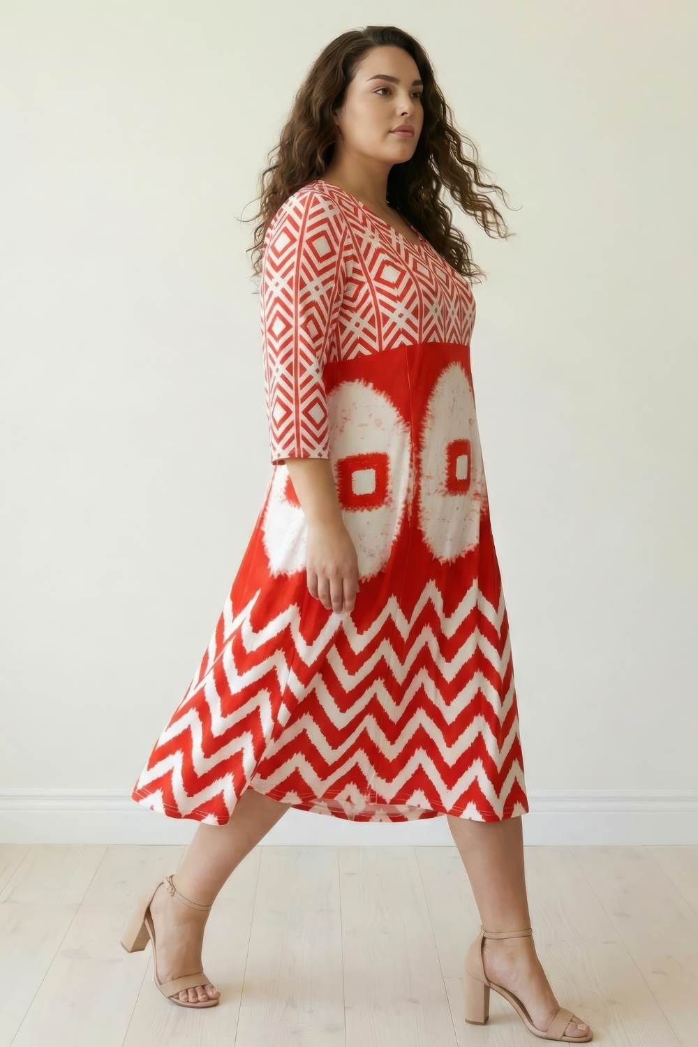 Plus Size Red & White Geometric Print A line Dress for Women