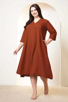 Plus Size Rust Brown Cotton Linen Midi Dress
