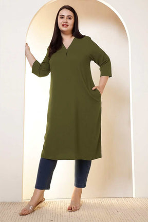 Plus Size Olive Green V-Neck Cotton Linen V Neck Kurta