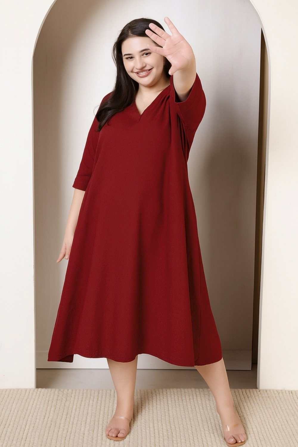 Plus Size Maroon Cotton Linen Midi Dress