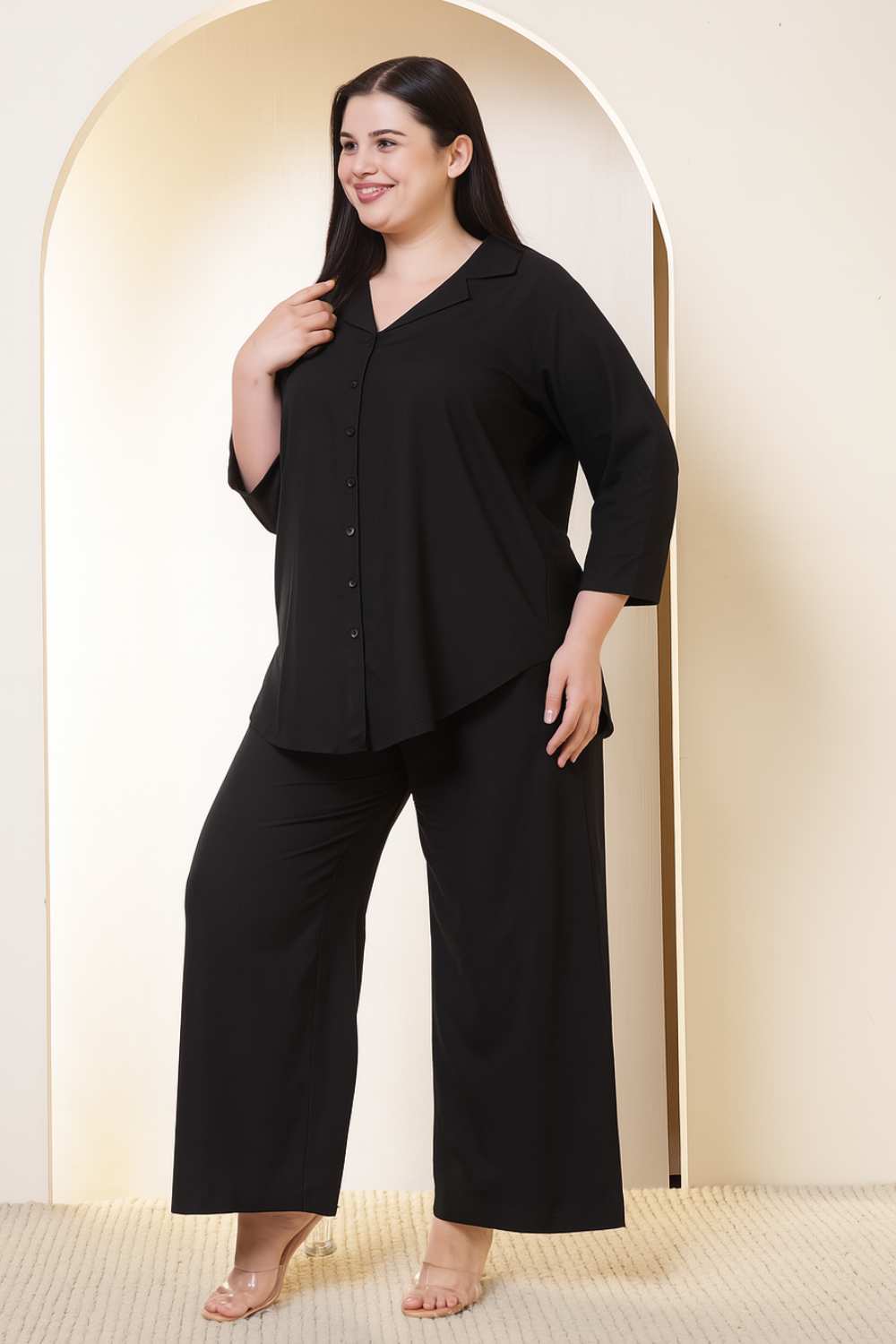 Plus Size Black Cotton Linen Shirt Coord Set