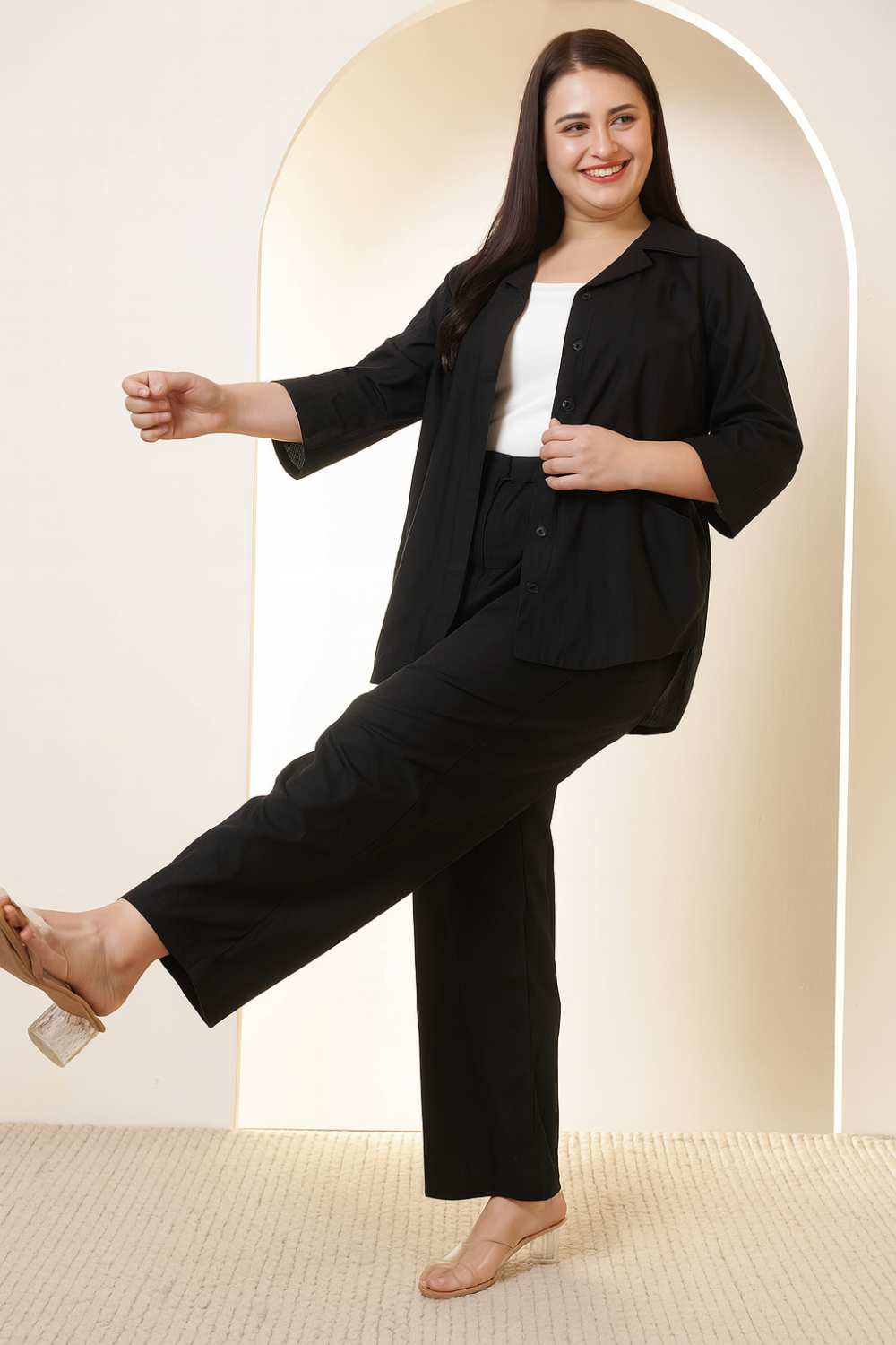 Plus Size Black Cotton Linen Shirt Coord Set