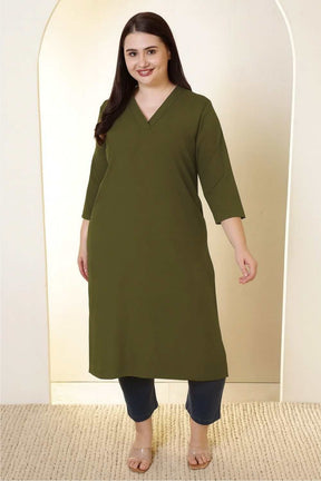 Plus Size Olive Green V-Neck Cotton Linen V Neck Kurta
