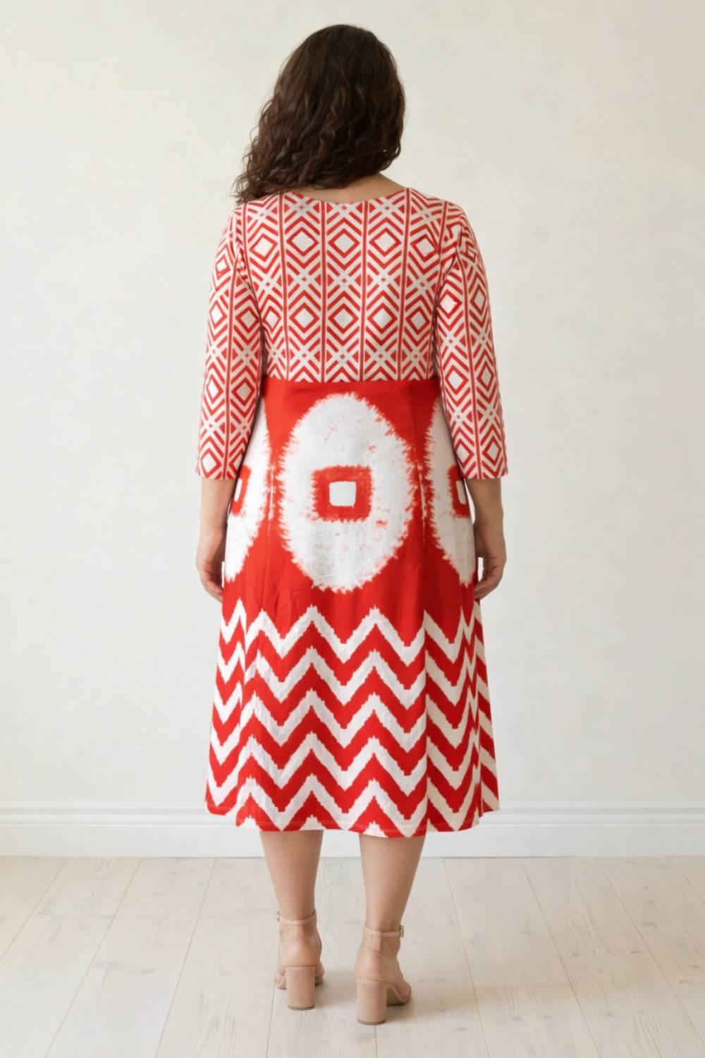 Plus Size Red & White Geometric Print A line Dress