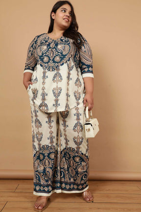 Plus Size Cream Luxe Ethnic Print Coord Set