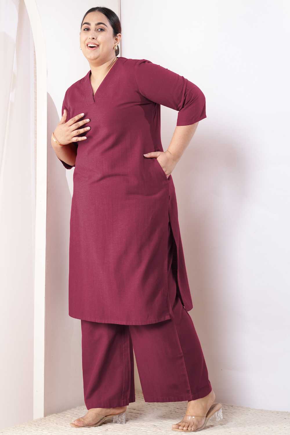 Plus Size Plus Size Wine Cotton Linen Kurta Coord Set