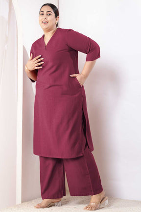 Plus Size Wine Cotton Linen Kurta Coord Set