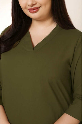 Plus Size Olive Green V-Neck Cotton Linen V Neck Kurta
