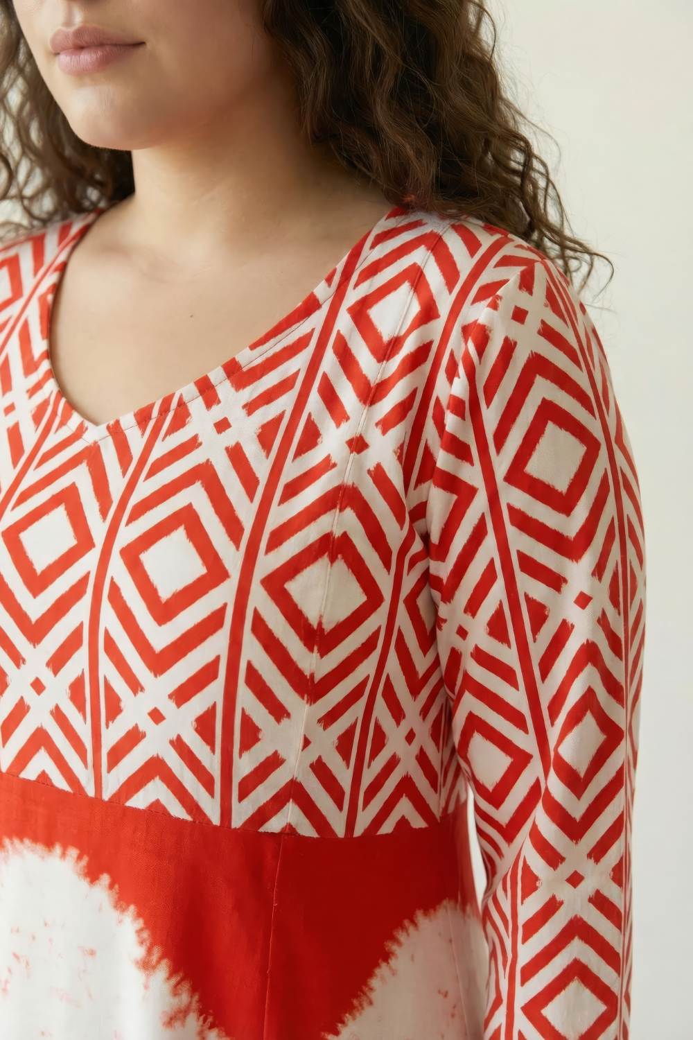 Plus Size Red & White Geometric Print A line Dress
