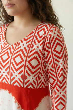 Plus Size Red & White Geometric Print A line Dress