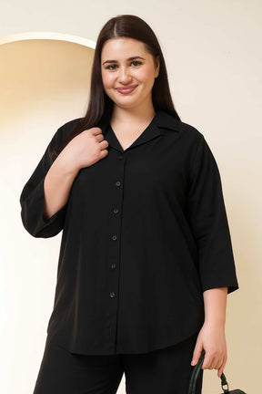 Plus Size Black Cotton Linen Shirt Coord Set