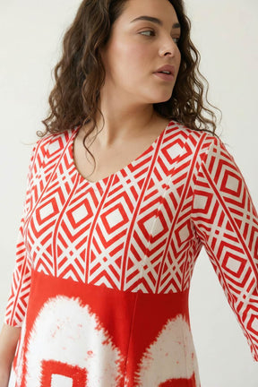 Plus Size Red & White Geometric Print A line Dress