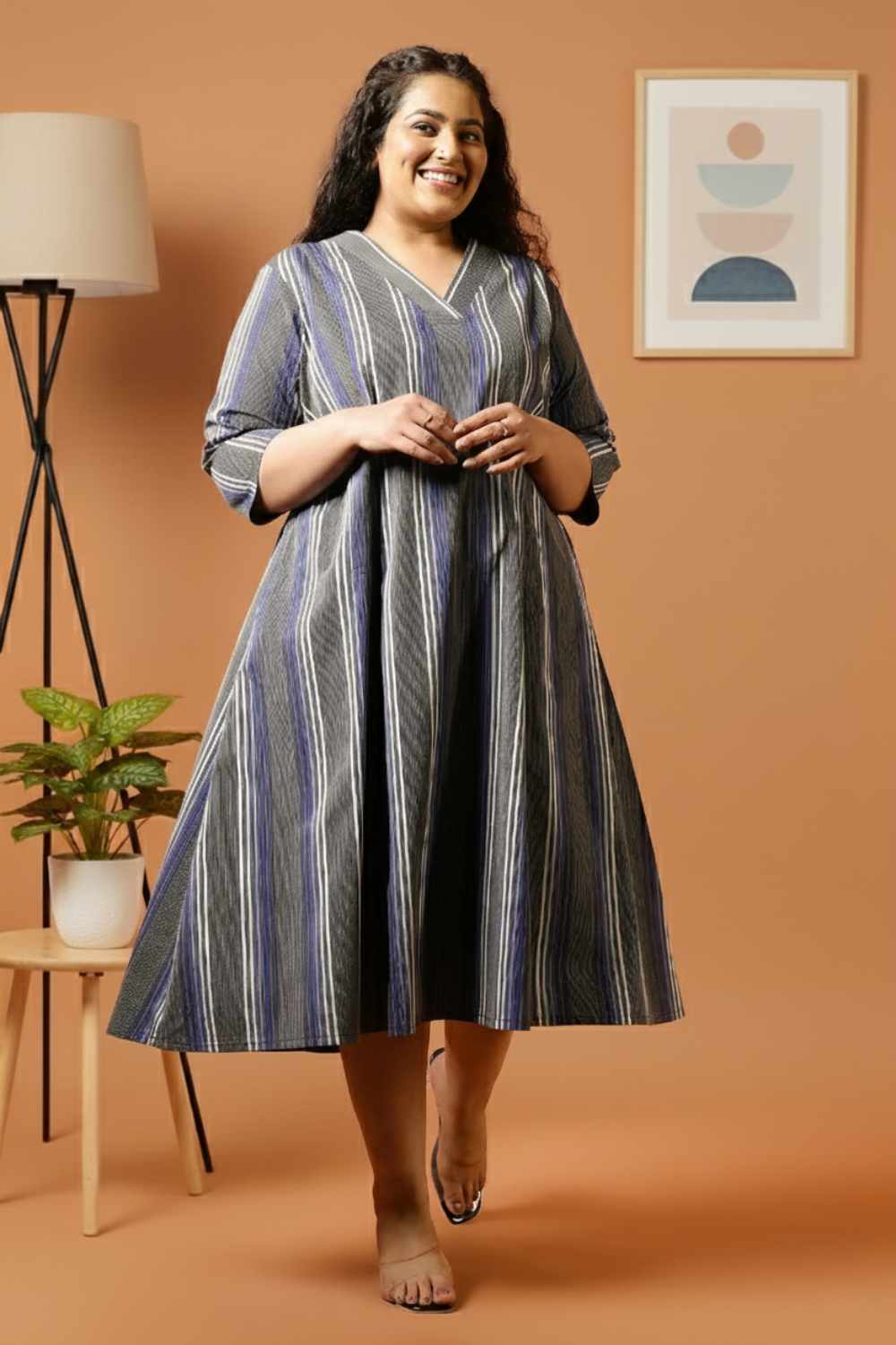 Plus Size Grey & Blue Striped Cotton Midi Dress