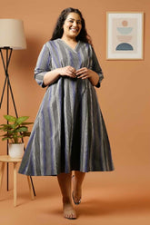 Plus Size Grey & Blue Striped Cotton Midi Dress