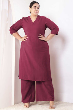 Plus Size Wine Cotton Linen Kurta Coord Set