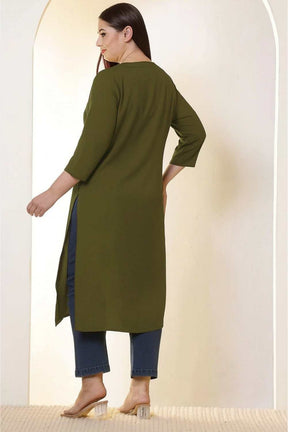 Plus Size Olive Green V-Neck Cotton Linen V Neck Kurta